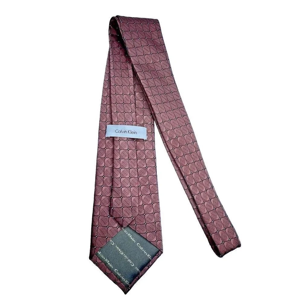 Calvin Klein mens long classic tie marron geometric  plaid chocolate brown